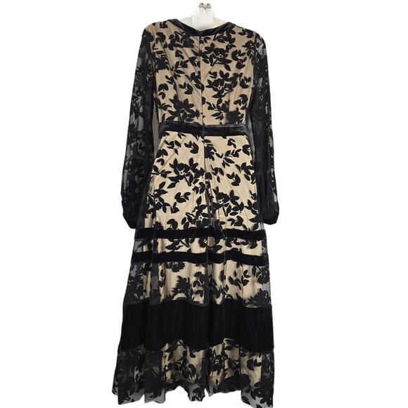 Taylor Women Size 12 Midi Dress Velvet Flocked Mesh Overlay Floral Dark Feminine - Picture 5 of 14